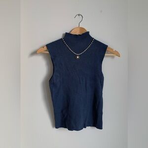 Suzy Shier Blue Ribbed Sleeveless Mockneck Top